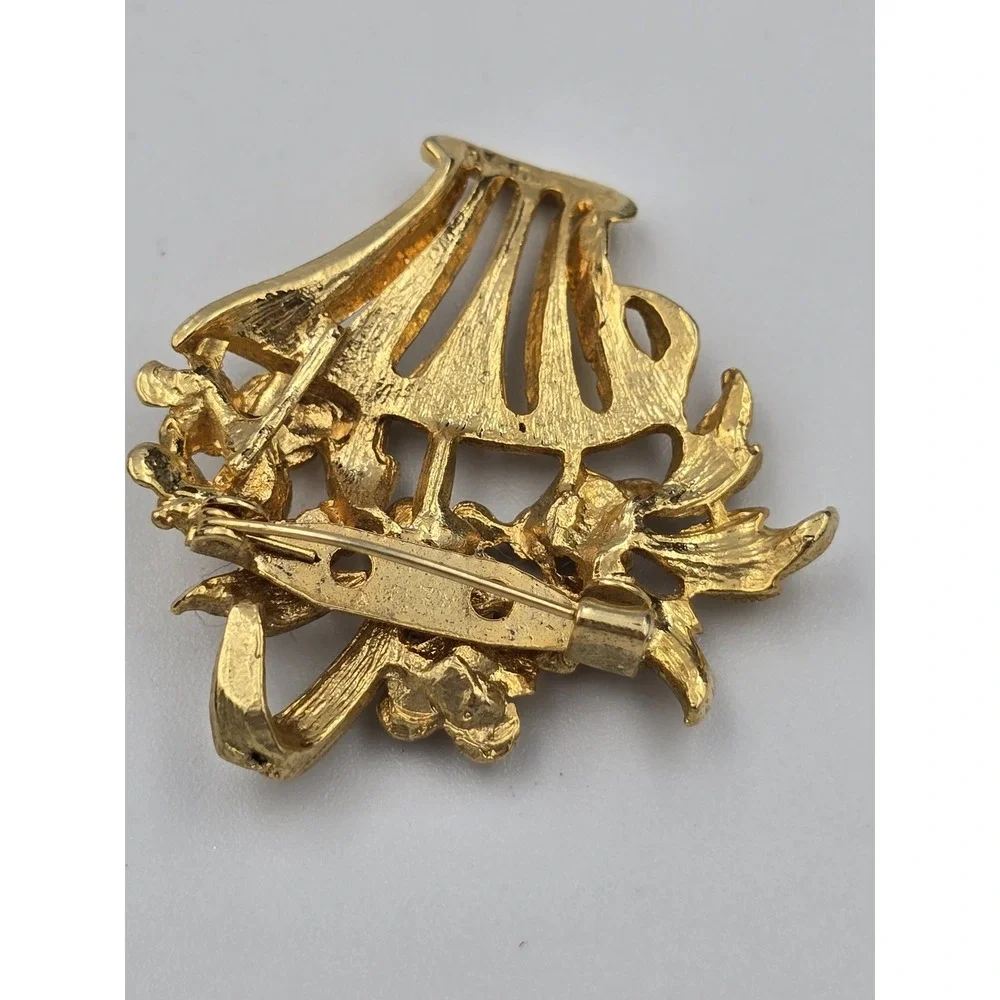 Vintage‎ Gold Tone Floral Flower Basket Brooch Pin Pendant Clear Rhinestones
